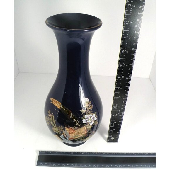 Vintage Cobalt Blue Japanese Porcelain Vase W/ Gold Pheasant With  Floral  Desig - Picture 9 of 9